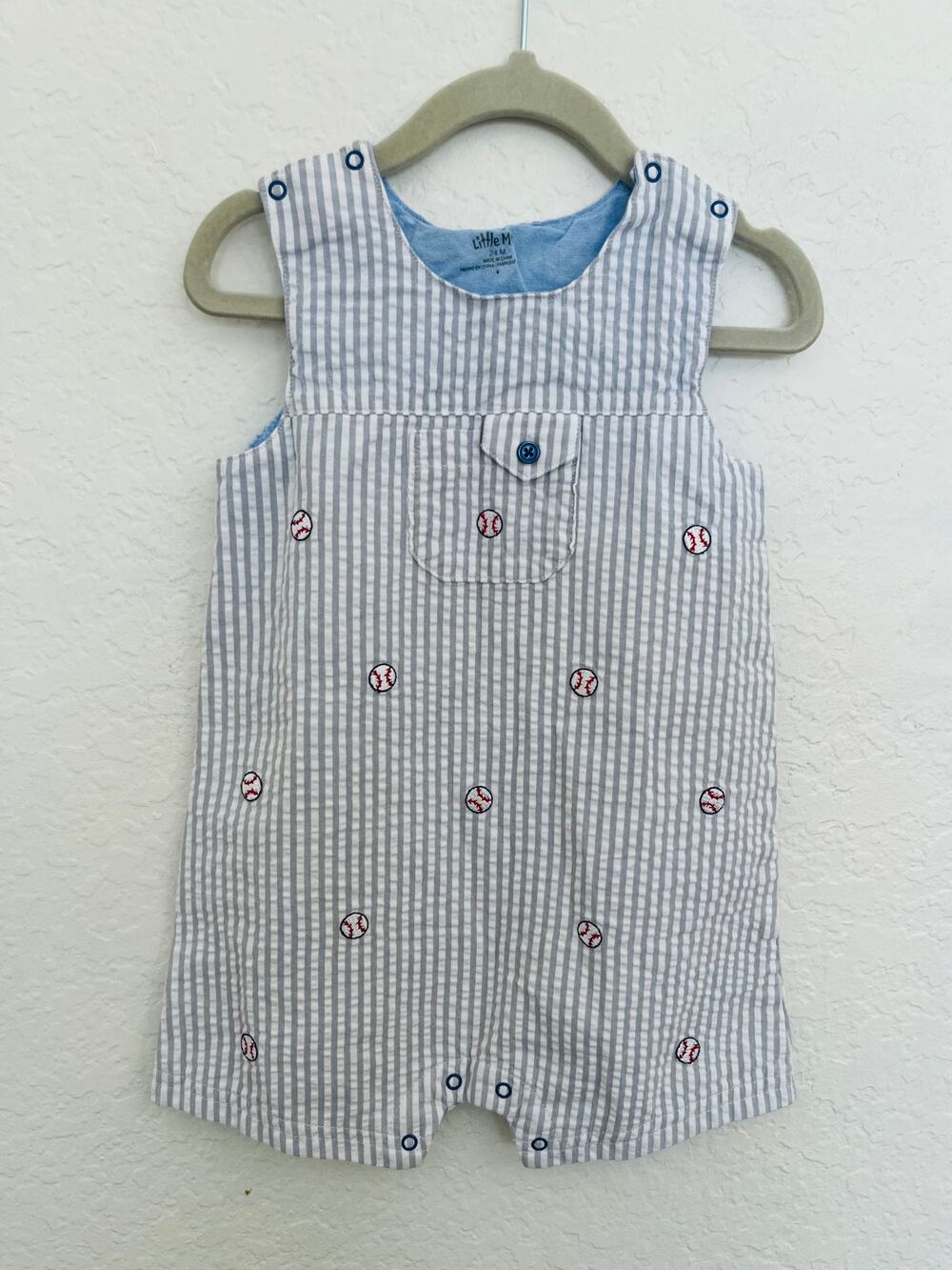 Little Me Baby Boys 24M Baseball Seersucker Romper Gray White Stripe